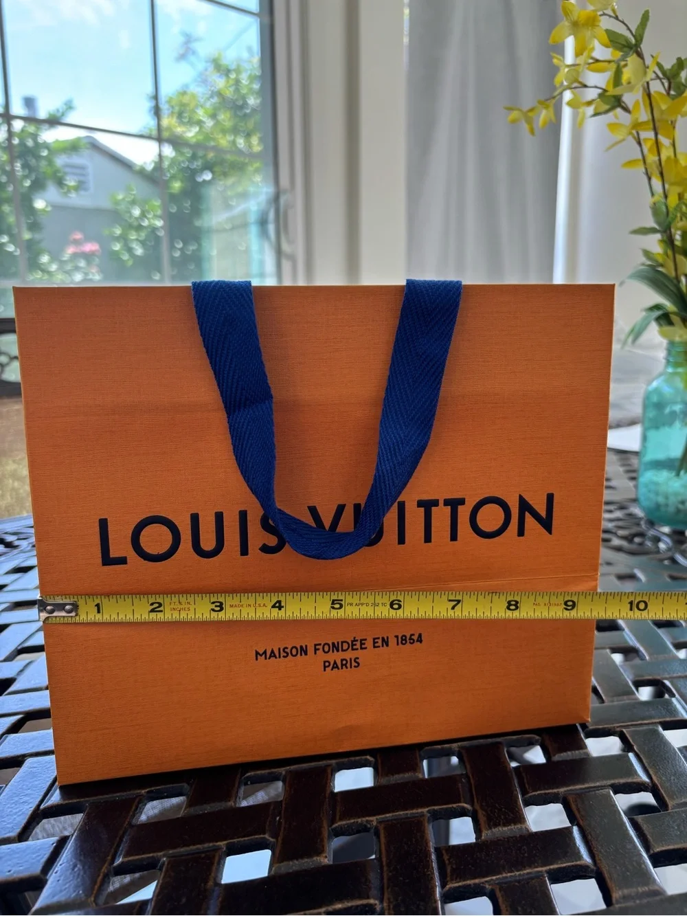 Authentic Louis Vuitton Orange Gift Bag with Blue Ribbon Handles